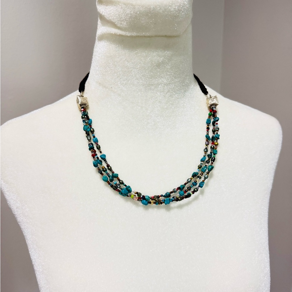Turquoise Chip Necklace 925 Silver Multi Strand Festival Jewelry Seed Beads